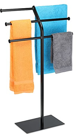 Relaxdays Porte-Serviettes 3 Barres 6 Serviettes, sur Pied, Salle de Bain, Cuisine, Fer, HLP : 87x50,5x20,5 cm, Noir