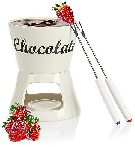 com-four® 4-teiliges Schokoladenfondue-Set - Keramikschale mit 2 Gabeln für 2 Personen mit Teelichthalter - Keramik-Fondue (weiß mit Schriftzug)