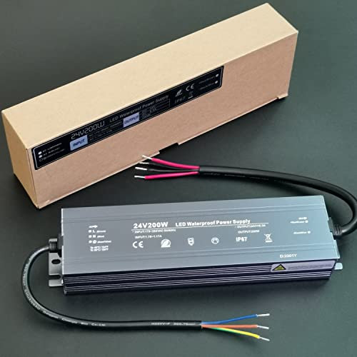 Alinana 200W Transformador 220V a 24V, IP67 Resistente al Agua Transformador LED 24V de 200W, para Lámparas y Tiras LED, Carteles, Cámara Web al Aire Libre (0-8,5A)