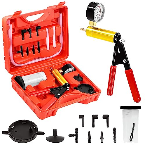 Swpeet 15Pcs - 1Set Red 2 in 1 Handheld Vacuum Pump Brake Bleeder Assortment Kit, Brake System Bleeding Tools Manual Vacuum Pump with Gauge Adapters Replace Brake Oil for Motorcycle, Bike, Car