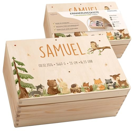 KIDSMOOD - Erinnerungsbox Baby, personalisierte Holzkiste mit Deckel, Ideal zur Aufbewahrung von Erinnerungen und als Geschenk zur Geburt, Taufe oder als Geburtstagsgeschenk für Mädchen und Jungen