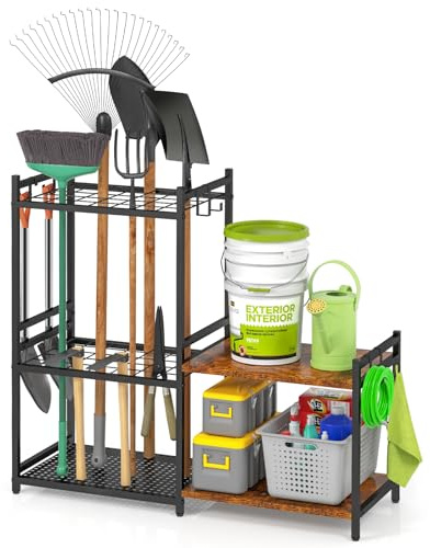 DAOUTIME Garage Tool Organizer with 2-tier Wooden Shelves, Yard Tool Organizer for Garage with 6 Hooks, Heavy duty Steel Garden Tool Rack Holds up to 35 Long Handled Yard tools for Storage, Black