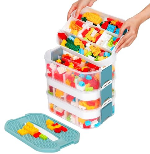 Nicecastle Storage Organizer for Lego Plastic Kids Toy Container Box Stackable Building Block Playroom Organization Bin with Bricks Baseplate Lid 3 Layers Adjustable Compartments Portable Chest Case