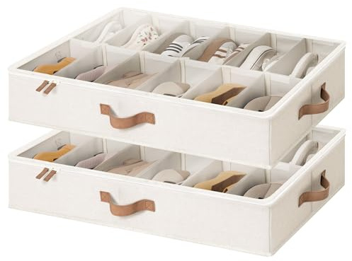 StorageWorks Organizador de zapatos para debajo de la cama, contenedor de zapatos para hasta 24 pares, cajas de almacenamiento de zapatos con tapa, ahorrador de espacio, beige, pack de 2