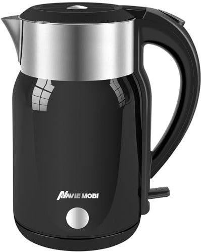Navie Mobi Hervidor Agua Electrico,1.8L Gran Capacidad,2200W Ebullición Rápida, Calentador Agua Acero inoxidable,Sin BPA,Apagado Automático,Tetera Electrica Sin Goteo,Doble pared,Sin Cable,Negro
