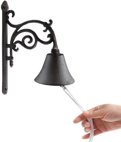 Campanello decorativo da parete in ferro con corda tirante, campana rustica per nave, scuola, ricevimento, chiesa, campanello scuotendo manualmente per portico esterno giardino, nero