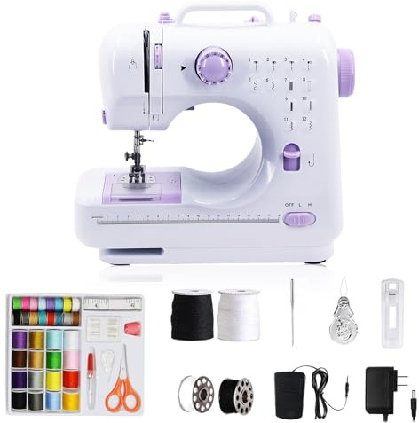 GraceGlow Macchina da cucire per principianti, macchina da cucire elettrica per bambini, piccola, 12 programmi, mini macchina da cucire portatile con luce LED, pedale e set da cucito