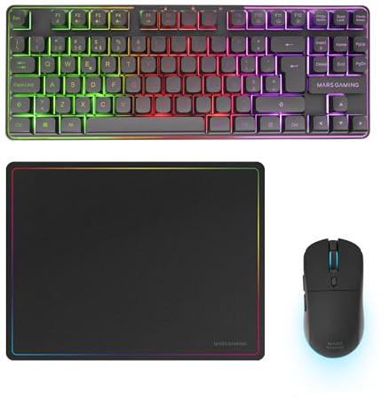 Mars Gaming MCPWTKL, Trådlös Gaming-Combo, DualPro Link 2.4GPRO-teknologi, TKL FRGB Rainbow-tangentbord + RGB 3200DPI-mus med HUANO-brytare + Halkfri musmatta 360x260mm, Svart, Portugisiska