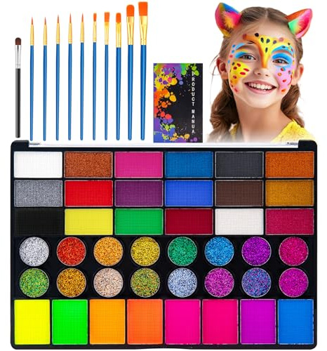KICNIC Set di trucchi per bambini, 42 colori per il viso, trucco per bambini, trucco teatrale con 11 pennelli, trucco a base d'acqua per bambini, pittura viso per Halloween, carnevale, carnevale