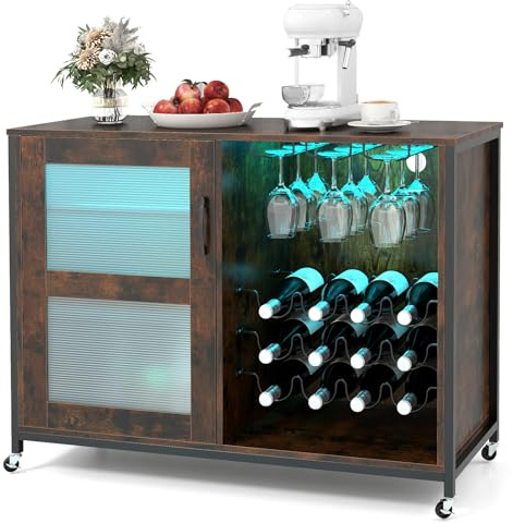 GIANTEX Cave à vin avec éclairage, Armoire de Bar à roulettes, Armoire à vin avec étagère à vin et Support en Verre, Armoire de Cuisine avec étagères réglables, Buffet Industriel