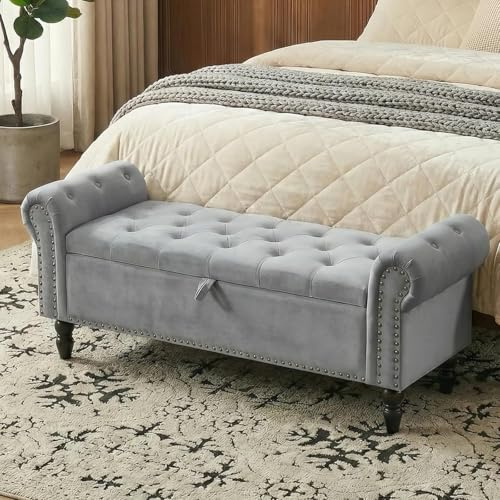 Clevich Banco con Almacenaje 133cm, Terciopelo Baul Almacenaje Dormitorio con Varilla de Elevación, Estilo de Francés, Extremo de la Cama con Tapa, Patas de Madera Maciza (Gris Claro)