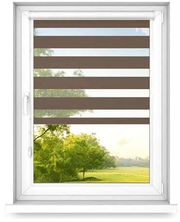 time4blinds – Dubbelrullgardin Utan Borrning – Zebra-Rullgardiner för Fönster och Dörrar – för Limning, med Aluminiumkassett, Ljusgenomsläppligt Tyg – Valnöt, 1300x700, Höger