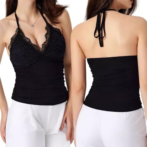 KOEMCY Canottiera da Donna Sexy in Pizzo Scollo a V Sexy Dimagrante Senza Schiena Senza Pancia Crop Top Donna Estiva Canottiera Casual Aderente Camisole (Nero S)