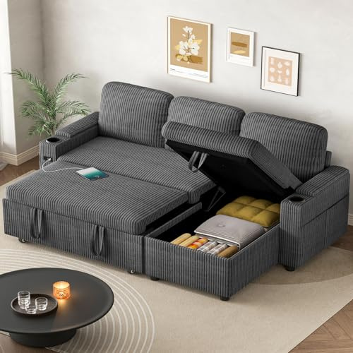 L-Shape Sectional Sofa Bed with USB and Type C Ports, 3-in-1 Convertible Velvet Sofa Bed with Adjustable Backrest, Storage Chair, Cup Holder for Living Room (Gray)