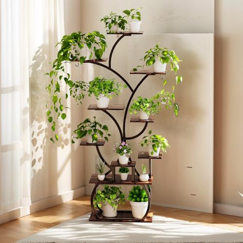 Bonnlo Soporte para Plantas con Luz, Soporte Macetas 155 cm, con Temporizador y Luz Ajustable, Estructura Metal con Tabelos Impermeables, Forma de Árbol, Color Madera Oscura con Tubo Negro
