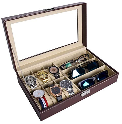 AUTOARK Cajas para Relojes,Caja de 6 relojes y 3 piezas para almacenamiento de gafas de sol y organizador de relojes,Cuero sintético,Tapa de Vidrio,Marrón,AW-020