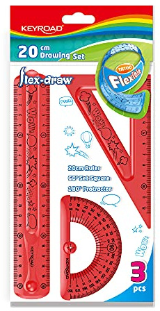 KEYROAD Set de géométrie flexible avec graphique et mathématiques 3 pièces : 1 règle de 20 cm, 1 triangle à dessin, 1 rapporteur, trou de suspension, couleurs mélangées