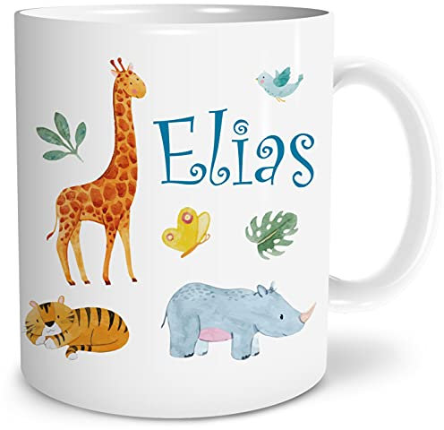 OWLBOOK® Personalisierte Tasse für Kinder Personalisiert Safari Tiere Kinder Tasse Geschenke Geschenkideen für Kinder Junge Mädchen zum Geburtstag Schulanfang Kindertasse Keramik 300 ml