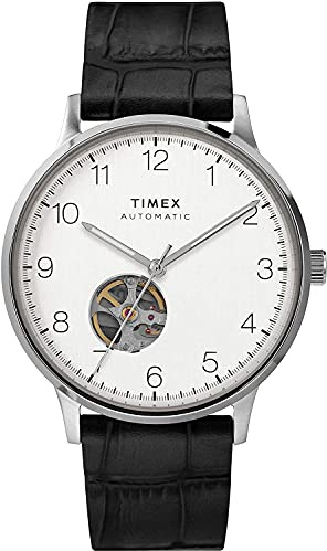 Timex - Reloj automático para Hombre con Correa de Piel, Plata, Correa