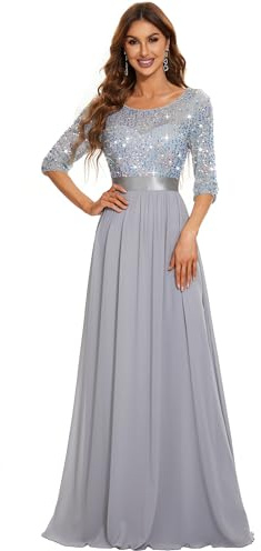 Ever-Pretty Women's Elegant 3/4 Sleeves Sequin Empire Waist A Line Chiffon Evening Dresses Silver 8UK