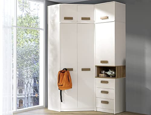 Marmex Grant G12 - Eckschrank 91x235x143 cm, Bücherregal - Eckgarderobe mit Kleiderstangen und Einlegeböden für das Jugendzimmer, Schlafzimmer - Eckkleiderschrank - weiß + Riviera Eiche