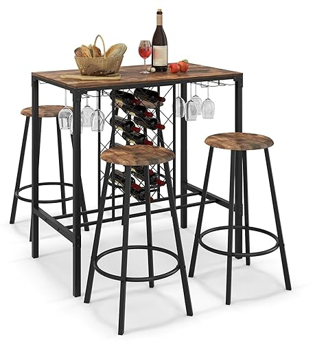 GIANTEX Table Haute de Bar & 4 Tabourets Ensemble 5 Pcs de Salle à Manger pour 4 Personnes, Table Bar Cuisine avec Porte-Bouteilles & Porte-Verres, Mange-Debout Industriel pour Bistro Restaurant Café