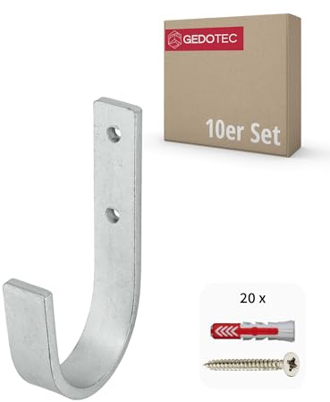Gedotec Wandhalterung - Universal-Haken Stahl verzinkt | 10 Stück Leiterhaken gebogen 55 x 110 mm | Gerätehaken inkl. Befestigungsmaterial | Allzweckhaken aus Metall | Wandhaken zum Schrauben