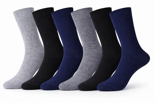 reshmena® 6 par män Bigfoot diabetesstrumpor män breda topp icke-elastiska strumpor Ödema vänliga män icke-bindande strumpa storlek (11-14), Svart/marinblå/grå (6 par), 45-48 EU