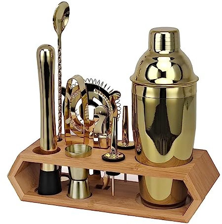 Cocktail Making Set Cocktail Set 10 St Cocktail Shaker Set Bar Tool Set Med Stativ Martini Shaker Bartending Kit Cocktail Shaker Set (Color : Gold, Size : 10pcs)