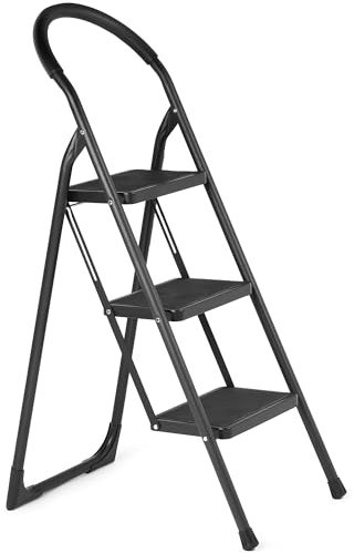 Ondis24 Hugo - Escalera plegable (3 peldaños, hasta 150 kg, acero pulverizado, mango suave, 3 peldaños), color negro