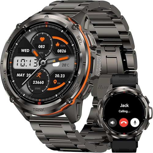 KOSPET Tank Reloj Inteligente Hombre GPS, 480 mAh de Batería, 50m Impermeable, Cuerpo de Acero Inoxidable 1.43'' AMOLED Resistente Smartwatch Redondo con Correa de Metal, Altitude & Llamadas