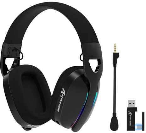 ATTACK SHARK L90 Auriculares Inalámbricos para Gaming Ultraligeros, BT, 2.4G, Cable de 3,5mm, Plegables con RGB, Sonido Surround 7.1, Micrófono Antirruido Desmontable, para PC, Móvil - Negro