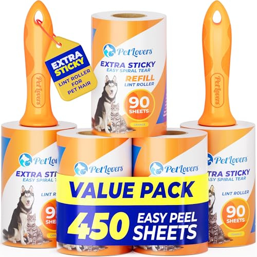 PetLovers Extra Sticky Lint Roller Mega Value Set 450 Sheets for Pet Hair Removal Dog and Cat Lint Remover 5 Pack Orange