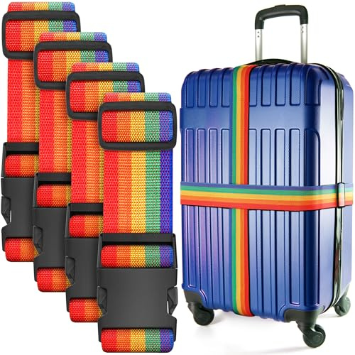 Luggage Straps for Suitcases - Rainbow, 4 Pack - Premium Nylon Belts for Luggage Security - Adjustable Length 1-2 metres - by BlueCosto