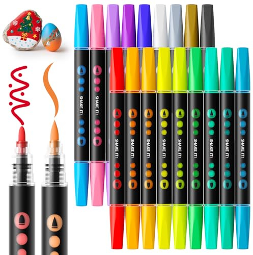 SUNEE Acrylic Paint Pens 18 Colors, Dual Tip Acrylic Markers Colouring Pens with Bullet & Brush Tip for Rock Painting, Canvas, Wood, Glass, Ceramic, Art Supplies for Adults & DIY Crafts
