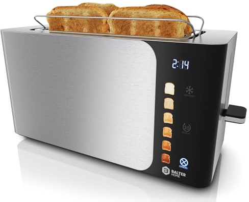 Balter Toaster 4 Scheiben, Touch Bedienung, Langschlitz, Edelstahl, Brötchenaufsatz, LCD Display Langschlitztoaster, Auftaufunktion, Brotzentrierung, TS-44