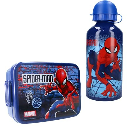 Vadobag Marvel Spider-Man Brotdose & Trinkflasche Kinder, Geschenkset Lunchbox mit Alu-Flasche, Pausen Set für Kita Kindergarten Schule, Blau