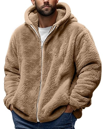 Veste Polaire Homme en Peluche Douce - Manteau Teddy - Capuche Zippée Couleur Unie - Tailles S-3XL