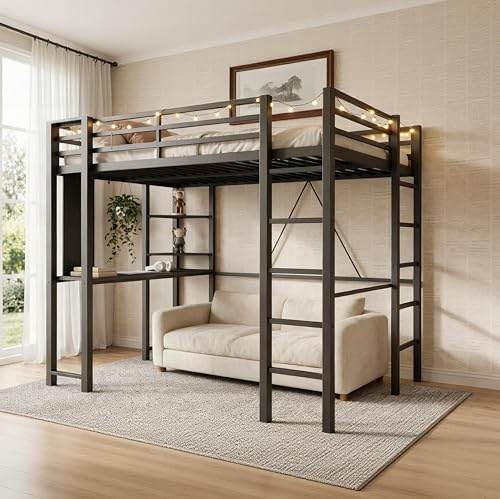 SUNLEI Loft Bed with Desk, Metal Loft Bed Full Size with 2 Built-in Ladders, Space-Saving Bed Frame, with Safety Guard, Noise Free for Small Bedroom, (Full Size) Black