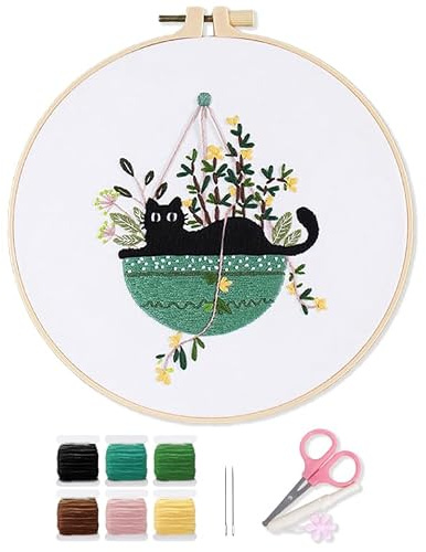 MSLSOZ Kit de bordado para adultos, bordado con patrón de gato negro para principiantes, juego de manualidades de costura de 20 cm con tela, aro, hilo y agujas, regalo para mujeres y amantes de los