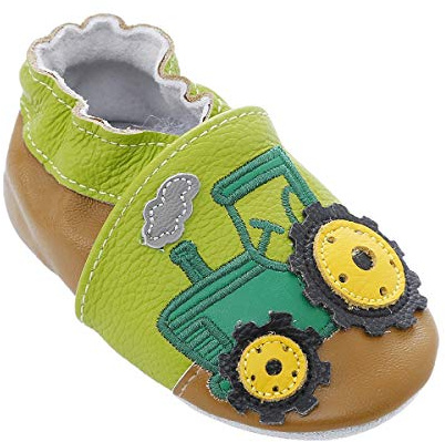 Chaussures de bébé en Cuir Souple avec Mocassins Semelles en Daim pour Enfants Chaussures Tout-Petit garçons Filles (18-24 Mois, Tracteur Vert)