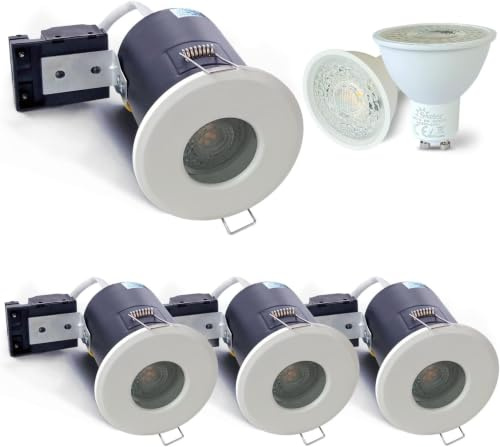 4XSweier Fire Rated GU10 White Downlights,IP65 Waterproof 5W Warm White 3000k Spotlight,90 Minute Fire Rated LED Recessed Ceiling Lights,230V GU10 Downlights,Cut-Out 70mm.