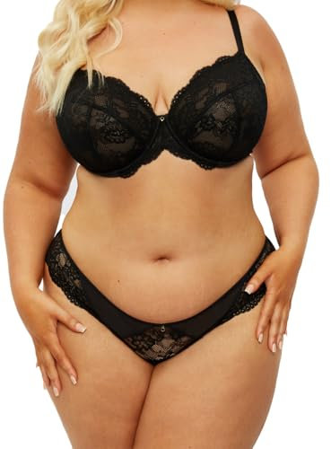 Ann Summers Sexy Lace Fuller Bust DD+ Non Padded Plunge Bra, DD-H Cup, Curve-Enhancing Womens Underwear with Underwire Support, Sheer Lace Cups & Power Mesh Wings Black - Womens Lingerie