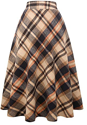 Faldas largas de Lana a Cuadros para Mujer, Faldas de Invierno cálidas de Cintura Alta, Marrón, Small