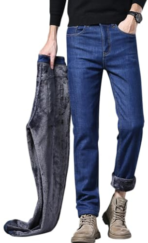shownicer Jeans Homme Hiver Chaud Doublure Polaire Thermique Stretch Élastique Straight Baggy Denim Pants Vêtement Thermique Pantalon A Bleu L