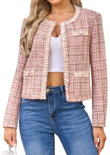 Xaspee Blazer da Donna in Tweed Corto a Maniche Lunghe Girocollo Aperto sul Davanti con Bordo in Pizzo Leggero Plaid Giacca Blazer da Lavoro, Rosa, X-Large