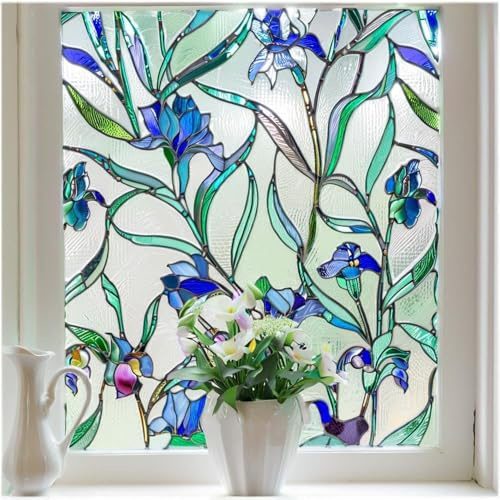 Stained Glass Window Privacy Film, 3D Decorative Window Cling, UV & Heat Blocking Floral Windows Cover, Static Cling No Adhesive Reusable Design for Home, Blue, 17.5 x 39.4