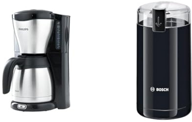 Philips Filterkaffeemaschine – 1.2-Liter-Thermoskanne, bis zu 15 Tassen, Edelstahl, (HD7546/20), 1000watts, 25.5 x 22.1 x 37.01 cm, silbern/schwarz & Bosch Hausgeräte TSM6A013B Kaffeemühle, Schwarz