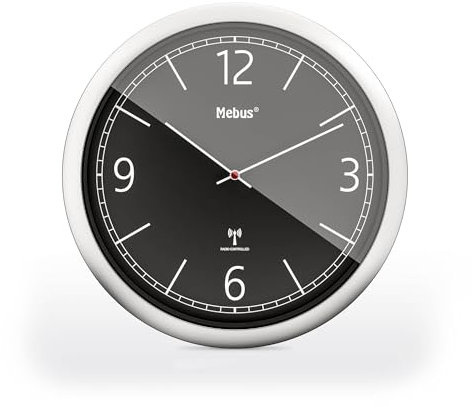 Mebus Horloge Murale Radio-pilotée 26 cm, silencieuse, Design Clair, Cadre argenté, Cadran Noir, modèle 19813 - Moderne et précis
