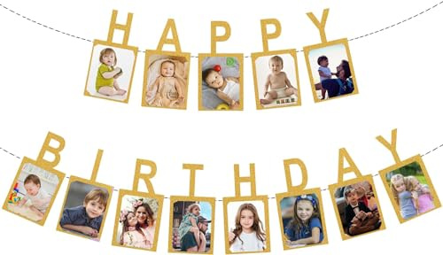 Happy Birthday Photo Banner, Photo Garland for Birthday, Golden Paper Photo Banners Bunting Garland for Party Decor, Girls/Boys